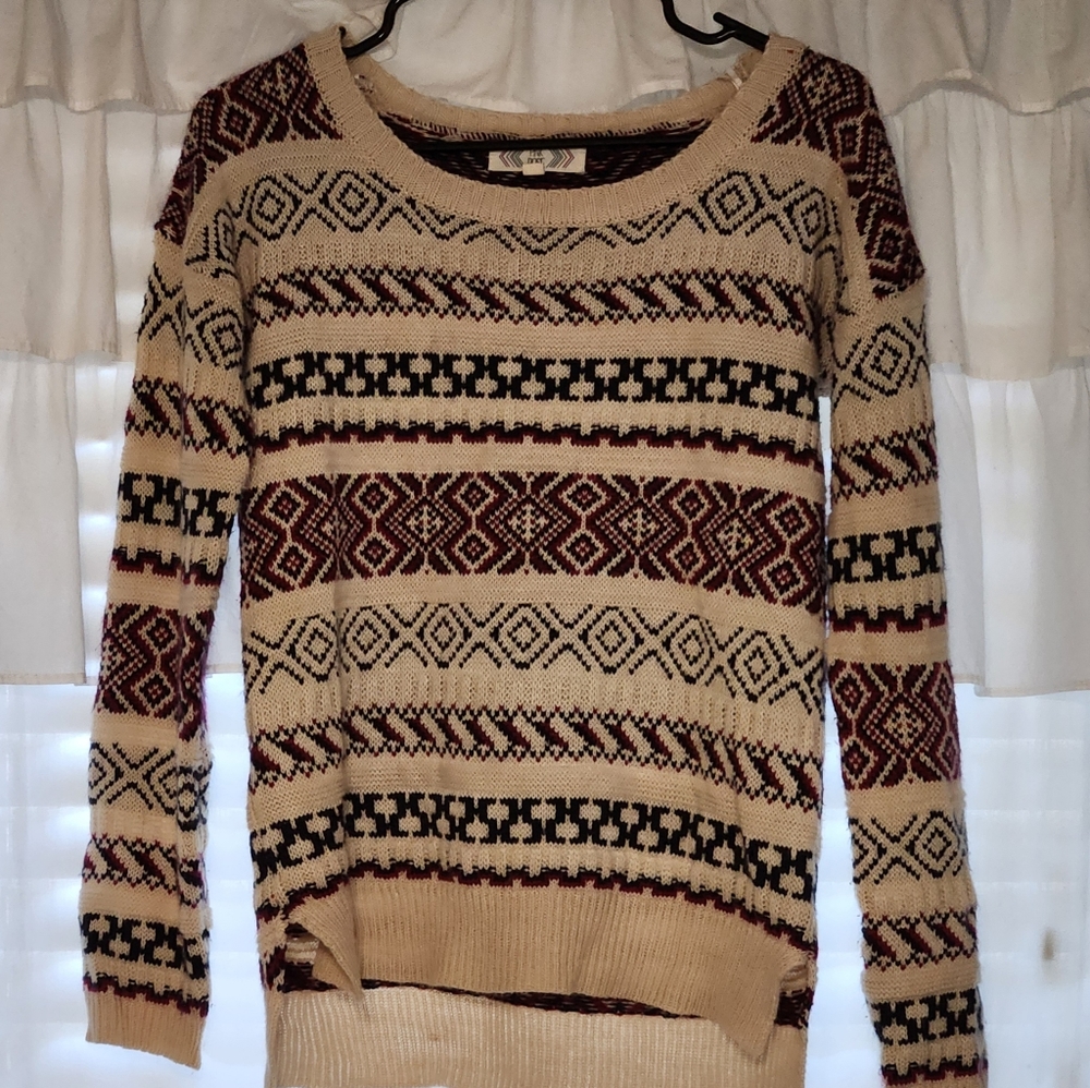 Pink Rose Womens M Pullover Crew Neck Sweater Beige Pink Navy Soft Hi Low Casual